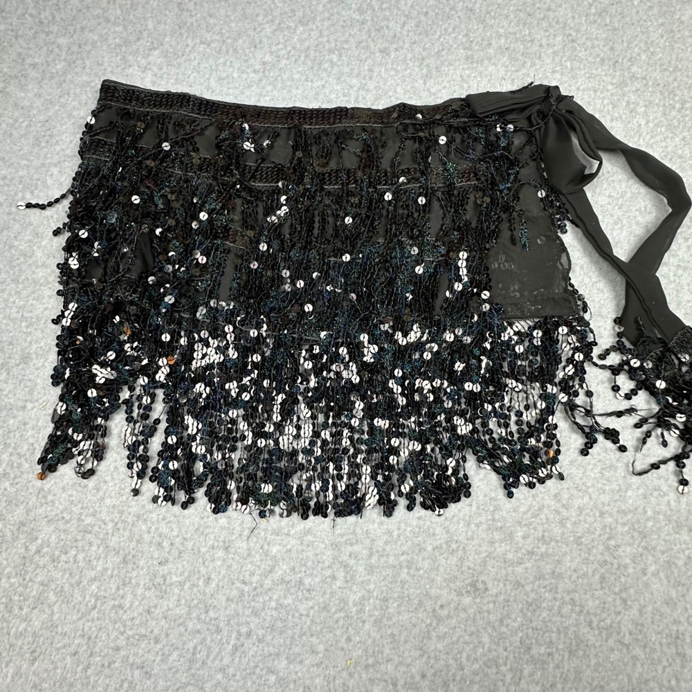 Black Sequin Fringe Wrap Mini Skirt Side Tie Festival Dance Costume